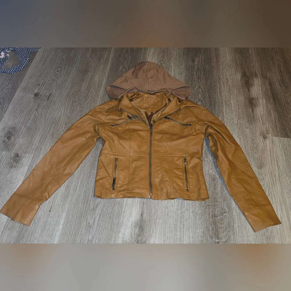 Tan Leather Hooded Jacket for Girls